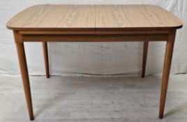 Dining table, 1970s vintage teak by Schreiber with integral fold out leaf. H.74 W.167 D.87cm.
