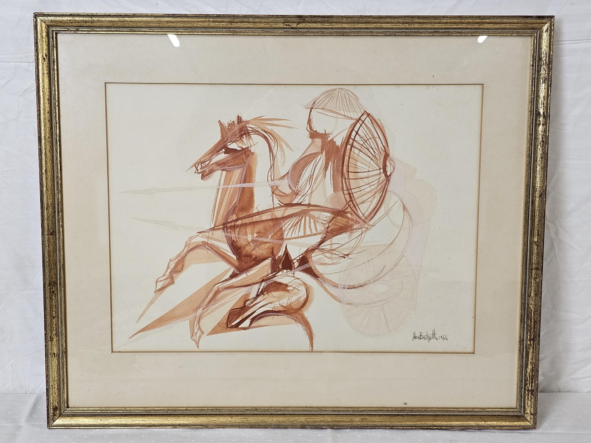 John Budgett (1934-2005), a framed and glazed sepia wash, horse and rider, signed and dated. H.54 - Image 2 of 6