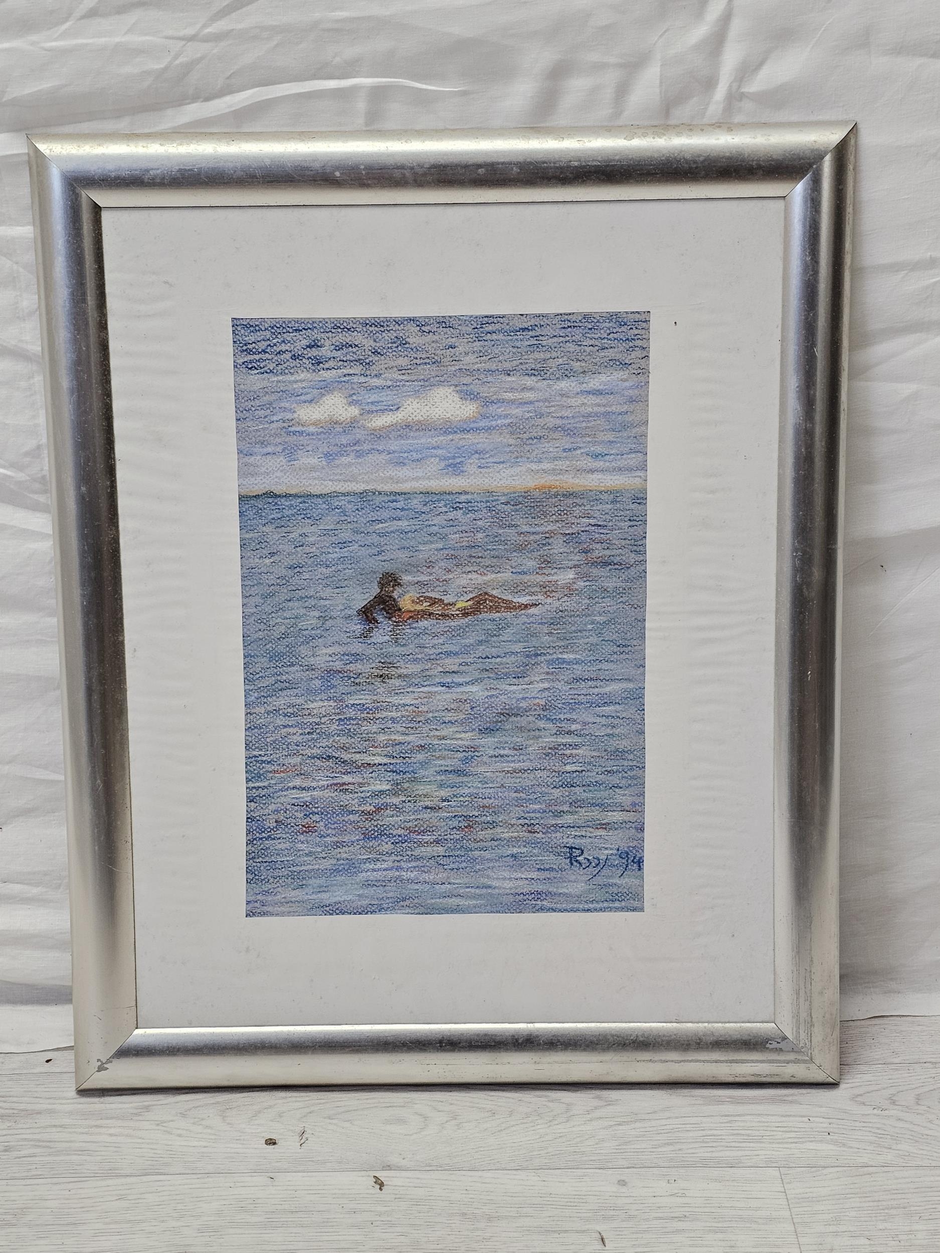 A framed and glazed pastel, bather at sea, indistinctly signed. H.58 W.48cm. - Image 2 of 4