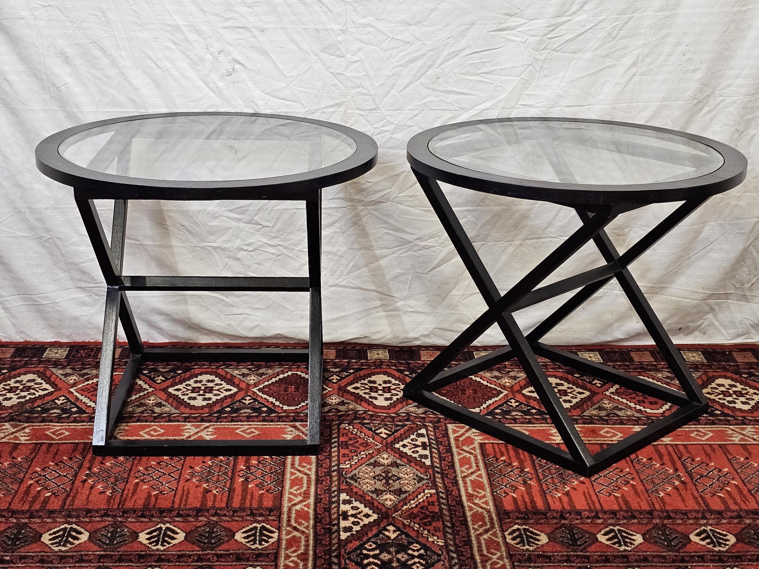 A pair of contemporary glass topped painted wood tables. H.60 W.70 D.70cm. - Image 2 of 3