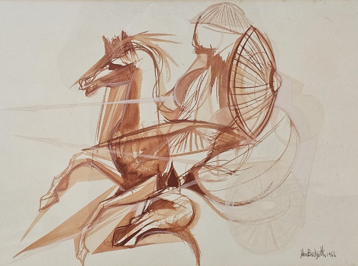 John Budgett (1934-2005), a framed and glazed sepia wash, horse and rider, signed and dated. H.54