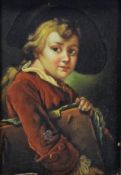 Oil on panel, portrait of a young boy in the 18th century style in gilt frame. H.35 W.30cm.