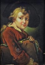 Oil on panel, portrait of a young boy in the 18th century style in gilt frame. H.35 W.30cm.