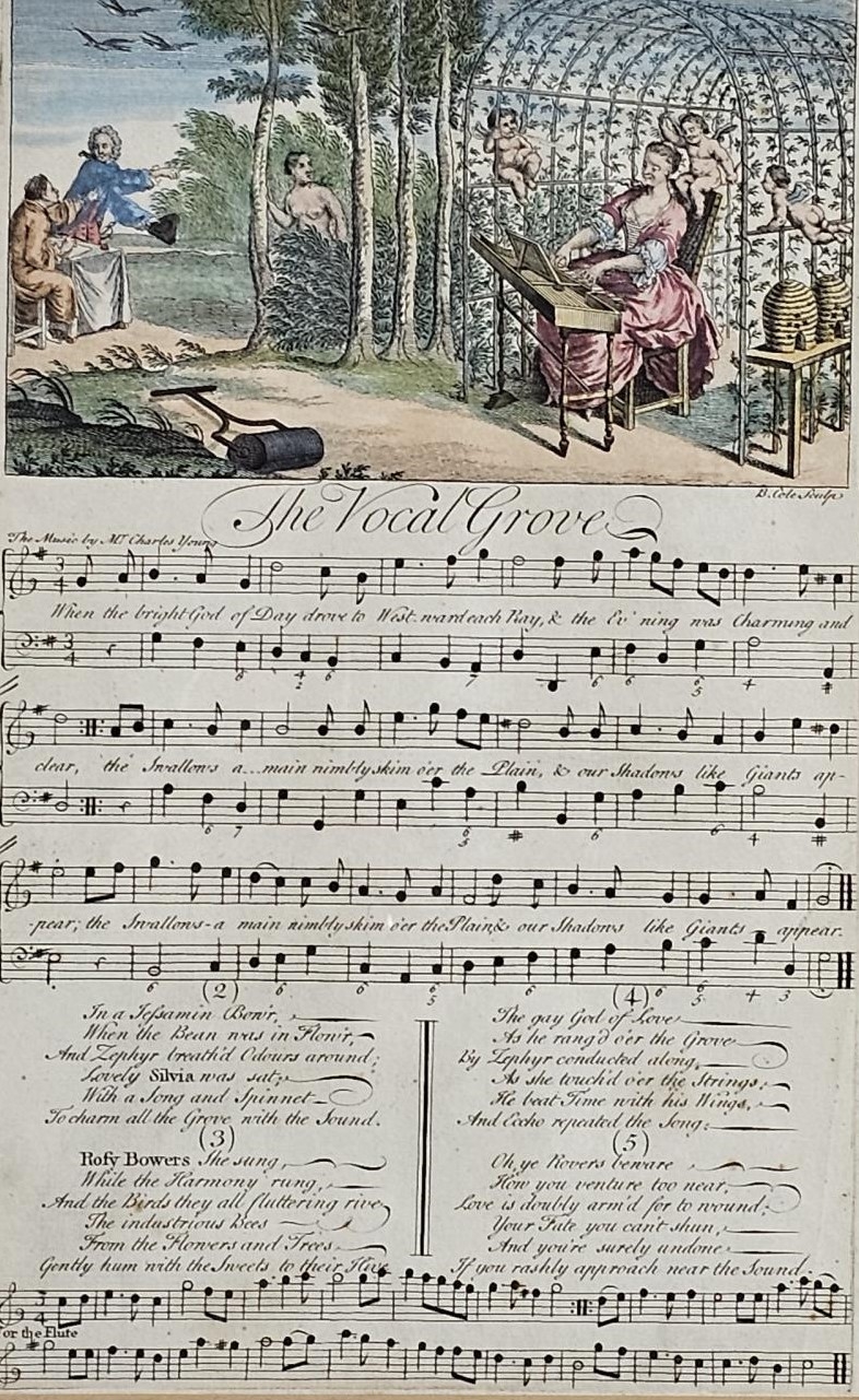 B. Cole, a 19th century hand coloured engraving of a lady playing the harpsichord with sheet music