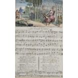 B. Cole, a 19th century hand coloured engraving of a lady playing the harpsichord with sheet music