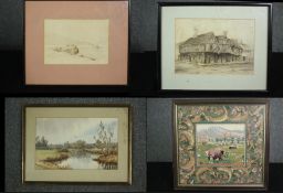 A tapestry, pencil sketch, houses, sepia wash seascape and a watercolour riverscape. H.39 W.41cm.