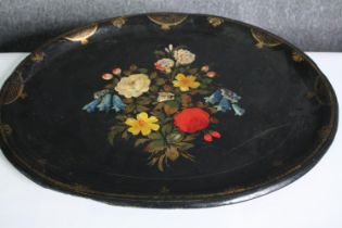 A Victorian hand decorated papier mache tray. (Some damage as seen). L.60 W.47cm.