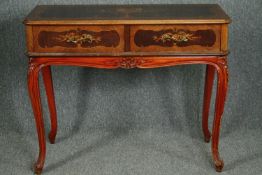 Console table, Continental walnut and marquetry inlaid. H.90 W.110 D.47cm.
