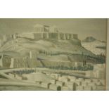 A framed and glazed watercolour and ink, the Acropolis, unsigned. H.38 W.43cm.