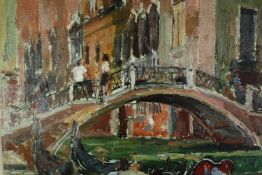 John Linfield (B.1930), a framed oil on board, signed, exhibition label to the reverse; Gondolas,