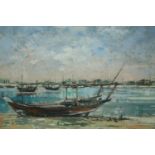 A framed and glazed pastel, signed S Dakakani with label to the reverse; Bateen Dhow, Abu Dhabi. H.