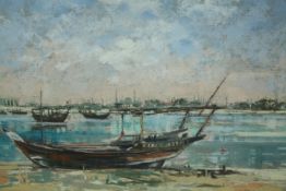 A framed and glazed pastel, signed S Dakakani with label to the reverse; Bateen Dhow, Abu Dhabi. H.