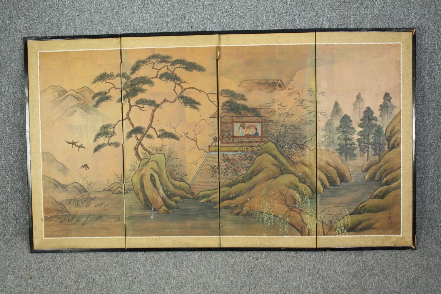 An early 20th century Japanese low screen with four gouache painted panels on a gilt background. H. - Image 4 of 5