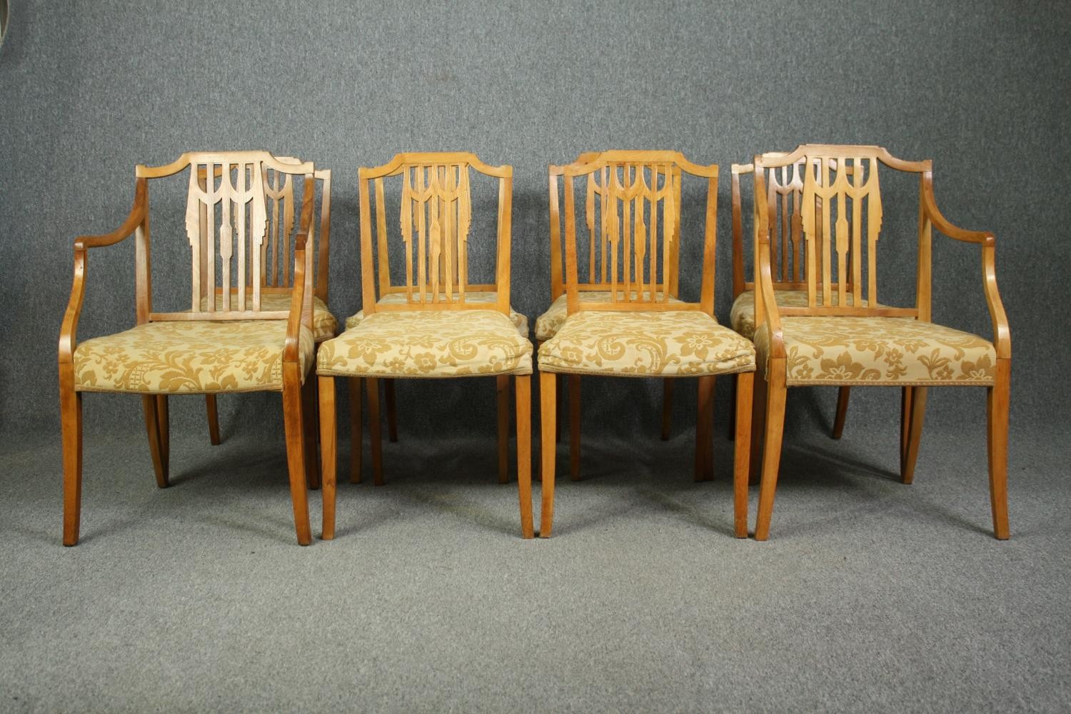 A set of eight Georgian style birch dining chairs to include two carver armchairs. (Repairs to the - Image 2 of 12