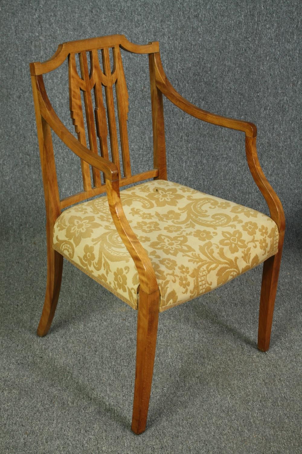 A set of eight Georgian style birch dining chairs to include two carver armchairs. (Repairs to the - Image 4 of 12