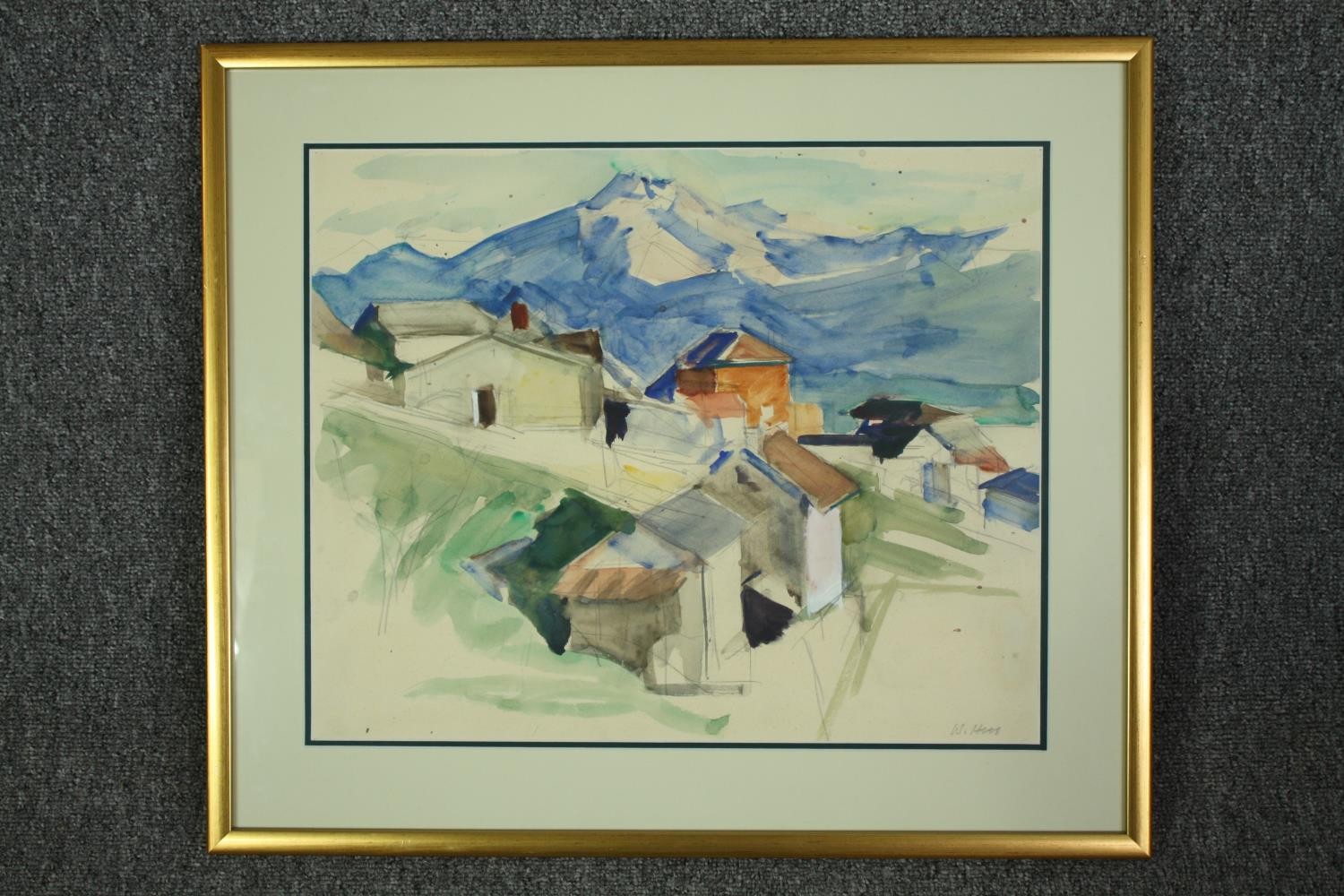 A framed and glazed watercolour, mountain village, signed W Hess. H.50 W.59cm. - Image 2 of 5