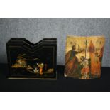 A 19th century hand painted religious icon on panel along with an eastern lacquered stationery box.