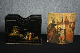 A 19th century hand painted religious icon on panel along with an eastern lacquered stationery box.