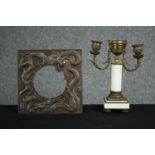 A small 19th century gilt metal and marble candelabra along with metal frame decorated with