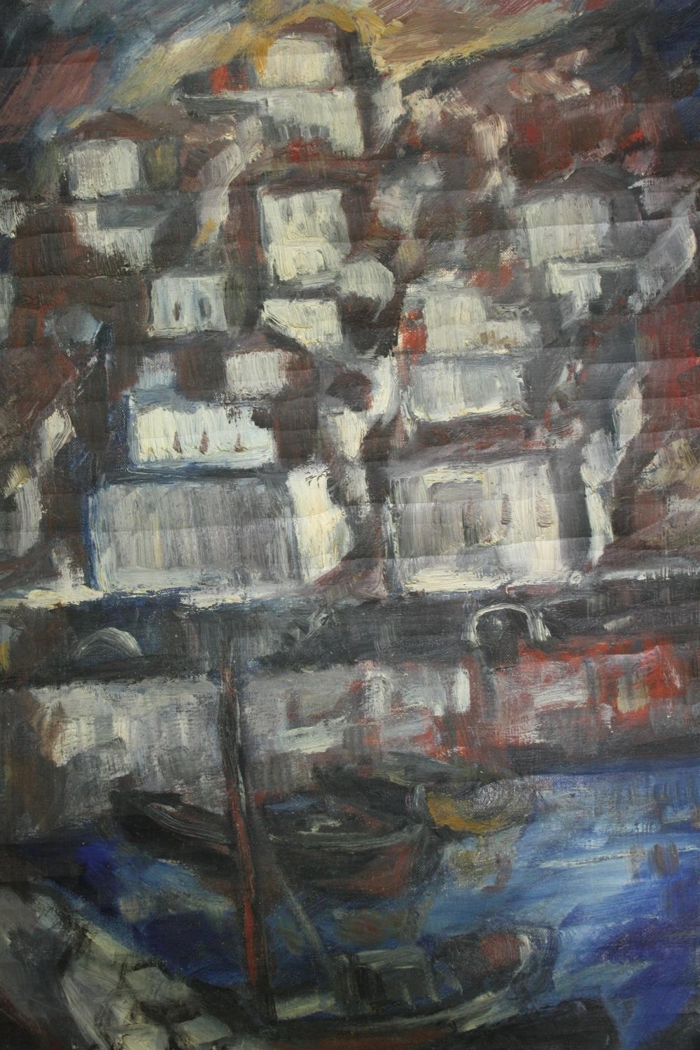 Oil on unstretched canvas, mid century expressionist port town, indistinctly signed. H.73 W.50cm. - Image 2 of 4