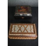 A Damascus inlaid box and a Chinese lacquered box. H.9 W.20 D.18cm. (largest)
