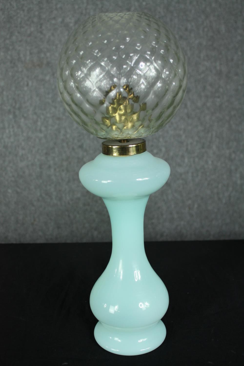 Two 19th century glass oil lamps, both wired for electricity. H.54cm. (largest). - Image 3 of 7