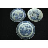 Three 18th and 19th century blue and white Chinese export ware hand painted porcelain plates, a pair