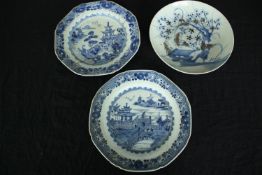Three 18th and 19th century blue and white Chinese export ware hand painted porcelain plates, a pair