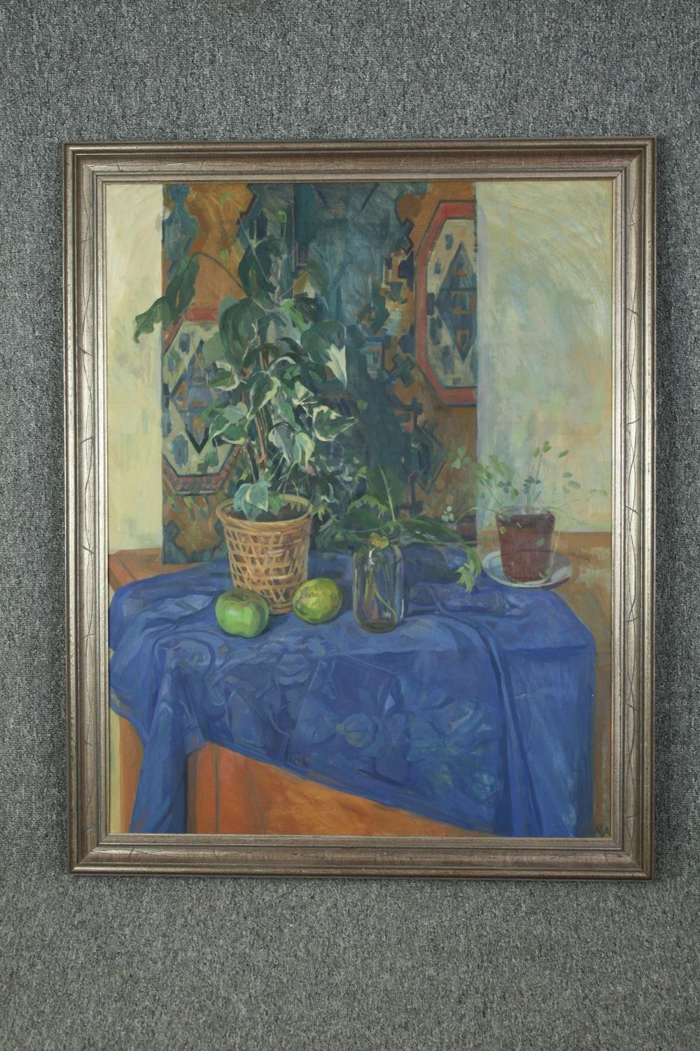 A framed oil on canvas, still life, unsigned. H.103 W.89cm. - Image 2 of 3