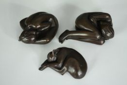 Deborah J Scaldwell, three bronze figures, two nudes and one a dog, signed. L.11cm. (largest).