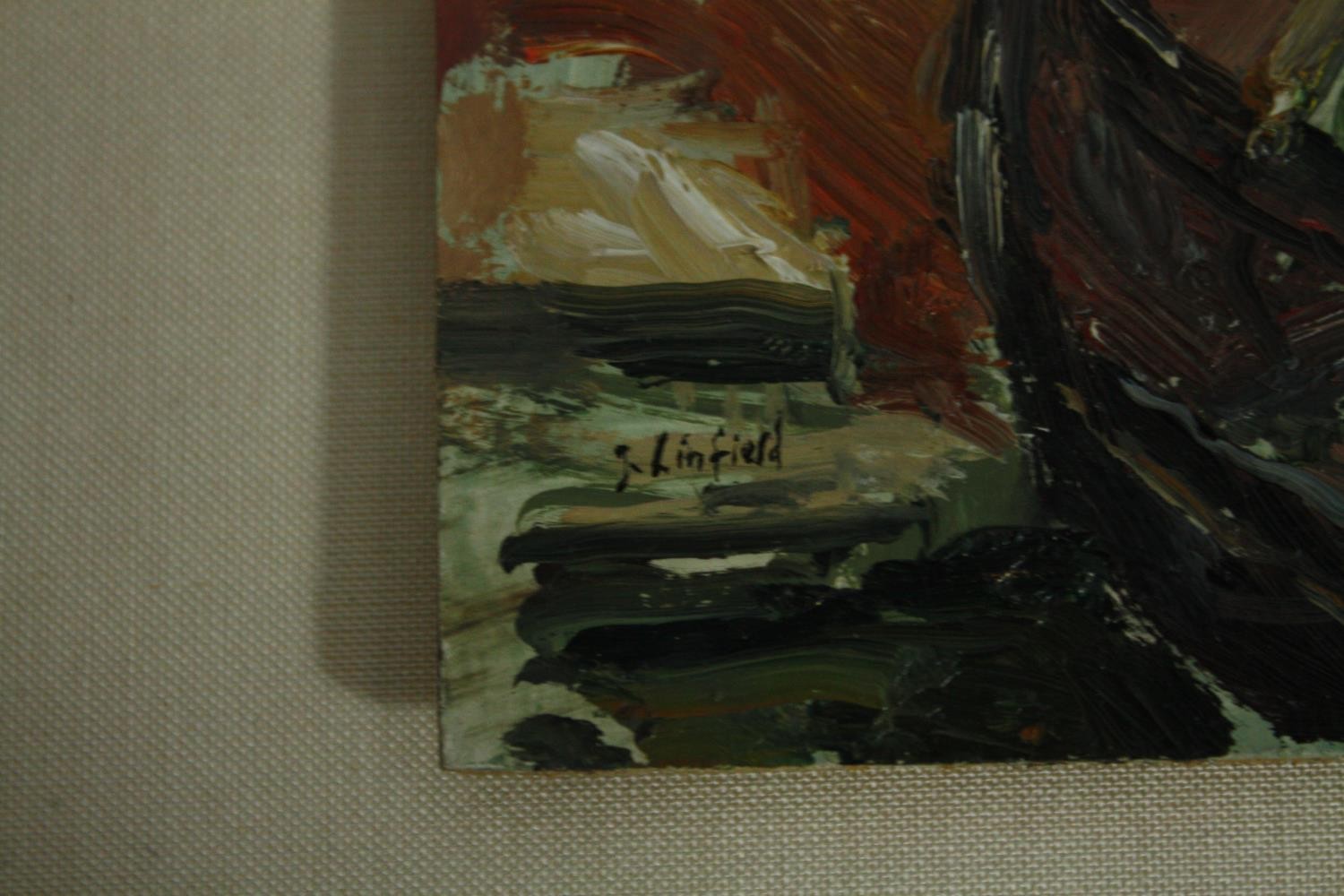 John Linfield (B.1930), a framed oil on board, signed, exhibition label to the reverse; Gondolas, - Image 3 of 5