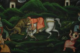 An Indo-Persian gouache on paper, tiger hunt, glazed and framed. H.53 W.78cm.