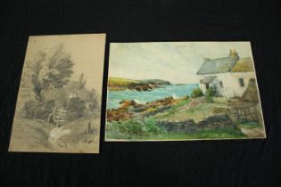 An unframed watercolour, coastal scene, inscribed bottom right and a pencil drawing; country lane.