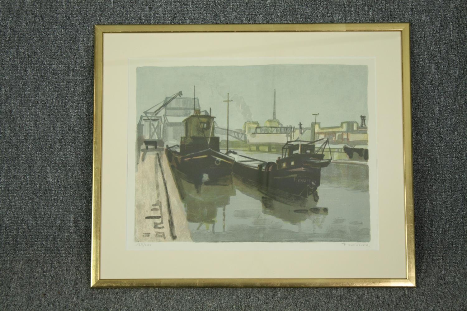 Roger Forissier, (B.1924), a framed and glazed limited edition lithograph, barges in a dock, - Image 2 of 5