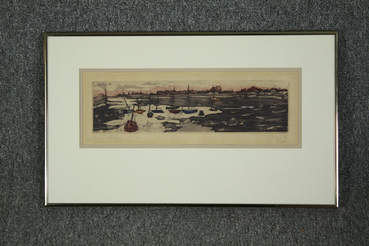 A framed and glazed limited edition etching, sailing boats in an estuary, numbered and - Image 2 of 5