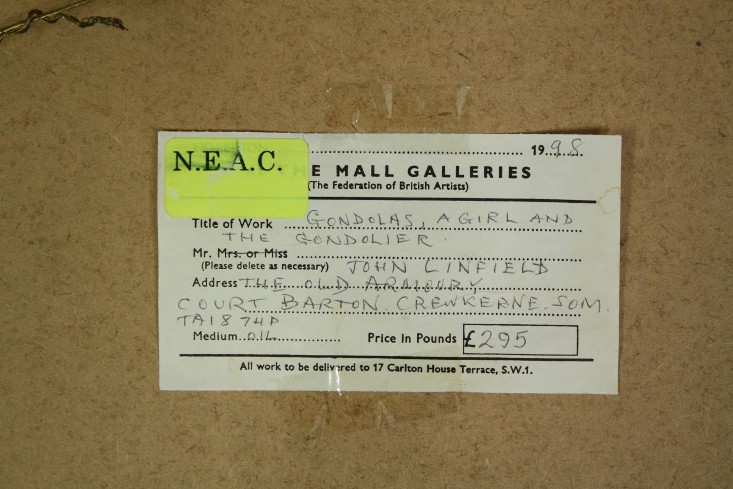 John Linfield (B.1930), a framed oil on board, signed, exhibition label to the reverse; Gondolas, - Image 5 of 5