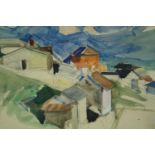 A framed and glazed watercolour, mountain village, signed W Hess. H.50 W.59cm.