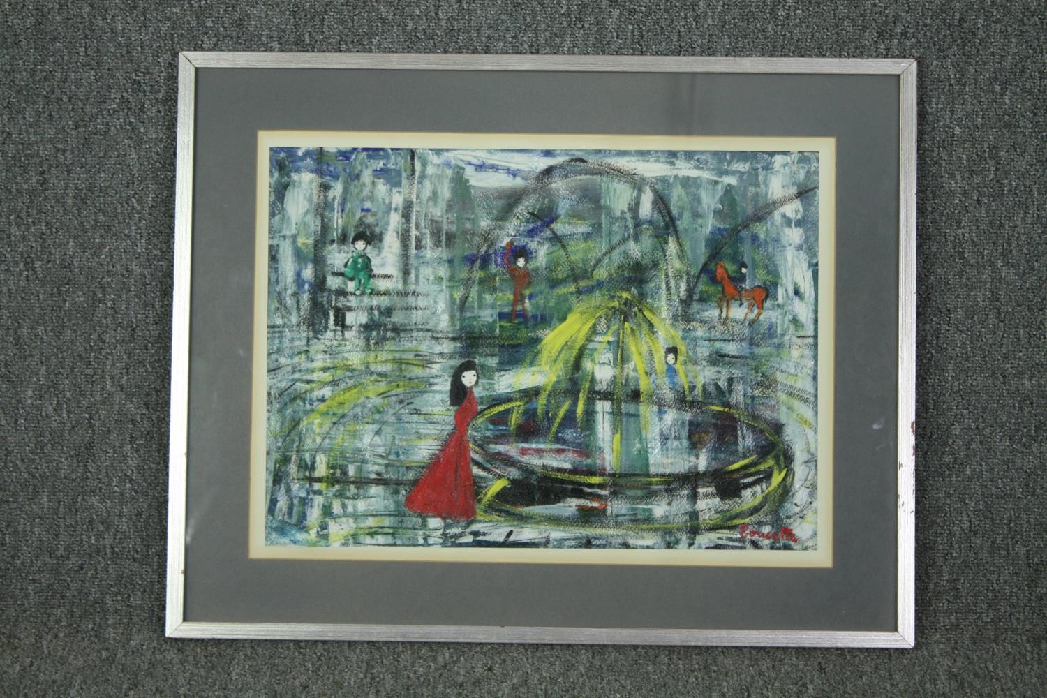 Nicolas Ortis Poucette (1935-2006), oil on paper, figures around a fountain, signed. H.54 W.68cm. - Image 2 of 4