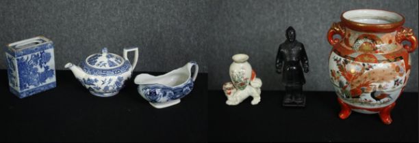A Japanese vase, three items of blue and white china, etc. H.25cm. (largest).