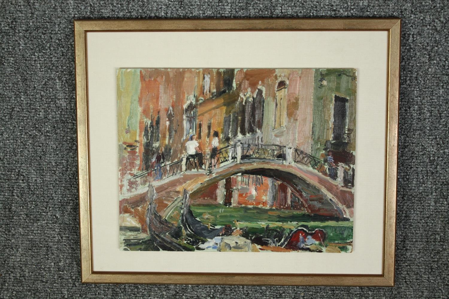 John Linfield (B.1930), a framed oil on board, signed, exhibition label to the reverse; Gondolas, - Image 2 of 5