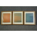 A set of three contemporary framed and glazed abstract fabric artworks. H.61 W.49cm. (each).