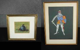 A 19th century watercolour of a fallen medieval battle helmet and a watercolour sketch of Henry V.