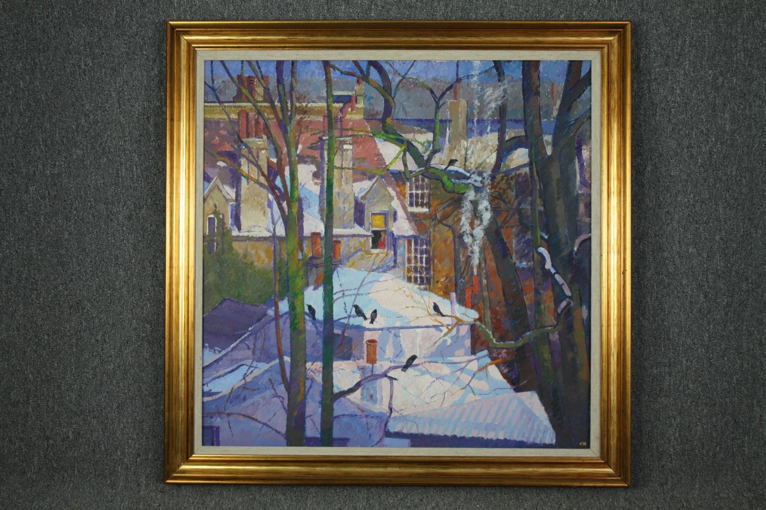 Oil on canvas, Urban snow scene, initialled CK, gallery label to the reverse, "Thaw", C Keays. H. - Image 2 of 5