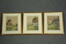 A set of three watercolours, bucolic village scenes, signed Stanley A Burchett. H.56 W.48cm. (each).