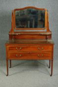 Dressing table, Edwardian mahogany and satinwood inlaid with plate glass protective top. H.154 W.104