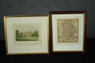 A framed and glazed tinted lithograph of a country house, an 18th century copper engraved map of
