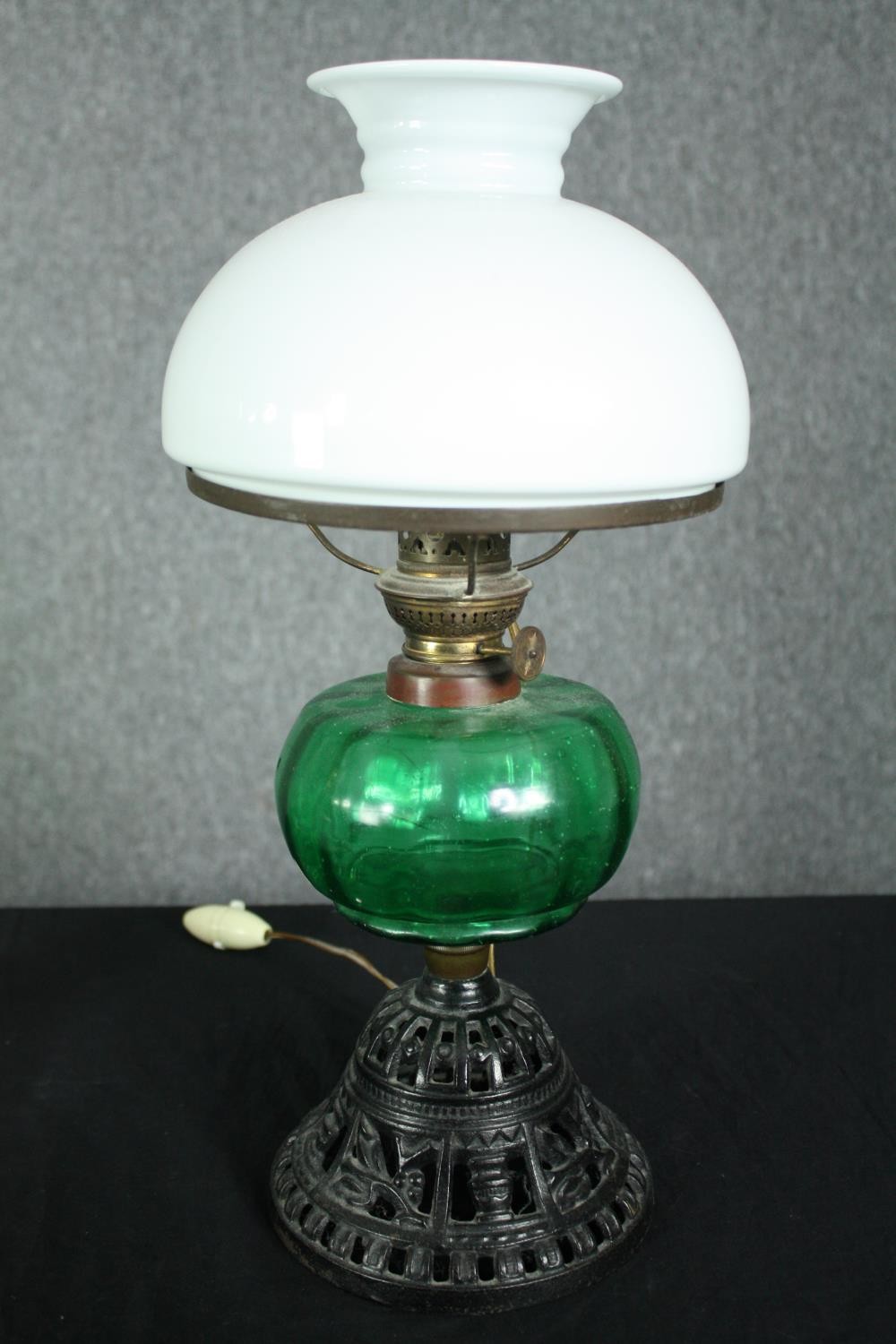 Two 19th century glass oil lamps, both wired for electricity. H.54cm. (largest). - Image 2 of 7