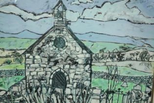 A framed and glazed acrylic on paper, Welsh Church, Liz Brickhill with label to the reverse. H.63