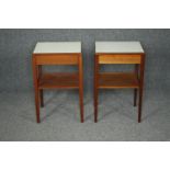 Bedside tables, a pair, mid century teak with composite laminated tops. H.61 W.38 D.31cm. (each).