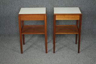 Bedside tables, a pair, mid century teak with composite laminated tops. H.61 W.38 D.31cm. (each).